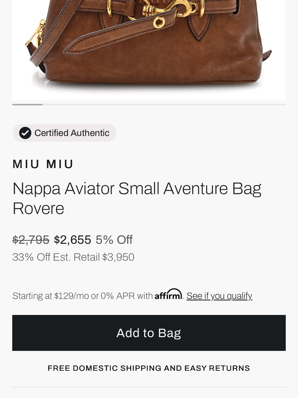 MIU MIU Nappa Aviator Small Aventure Bag in Rovere - Picture 7 of 7